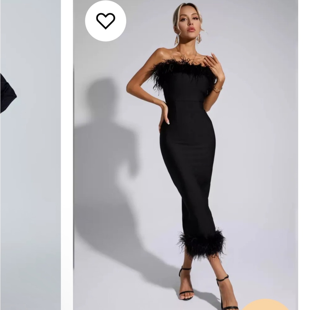 Strapless Black Feather Trim Midi Dress